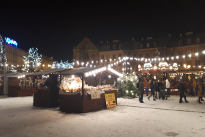 Ein verschneiter Weihnachtsmarkt bei Nacht mit Menschen, Buden, Pflanzen, Bäumen, Gebäuden und Schildern unter einem bewölkten Himmel.