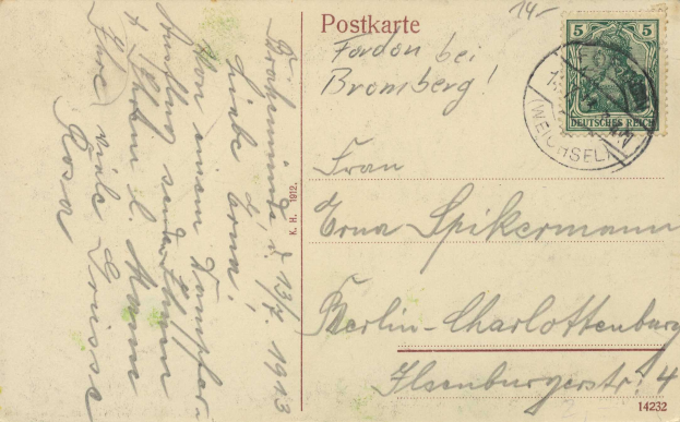 Eine alte Postkarte mit einer 1912-Marke, beschriftet mit "Bromberg, Deutschland."