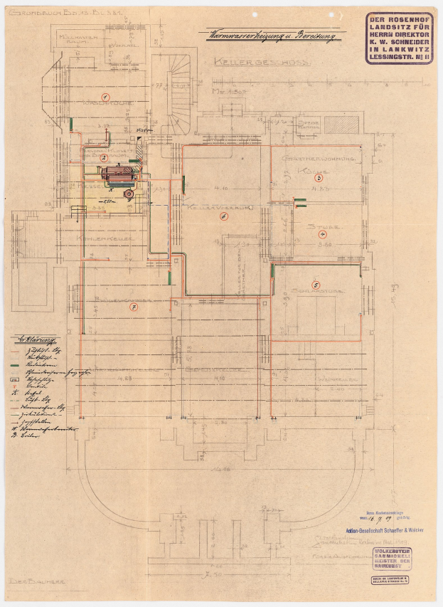 Schwarz-weißer Architekturplan des Rosenhof-Krankenhauses in Hamburg, Deutschland, mit zahlreichen Drähten, Räumen, Fluren und Textbeschriftungen.