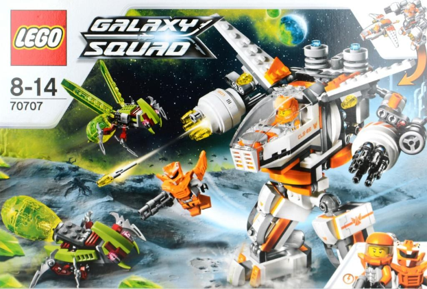 Plakat, das einen von animierten Personen bedienten Roboter zeigt, mit künstlichen Vögeln, Planeten, Boden und einem sternenklaren Himmel, einschließlich Wasserzeichen, Zahlen und Text.