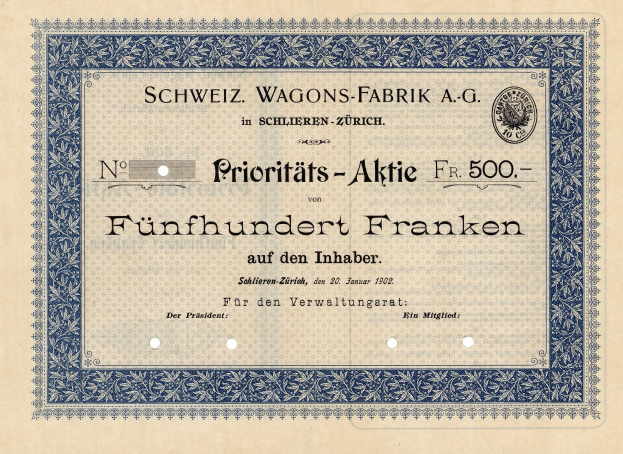Ein altes deutsches Aktienzertifikat mit blauer Einfassung und der Aufschrift "Schweiz Wagons-Fabrik A.G."