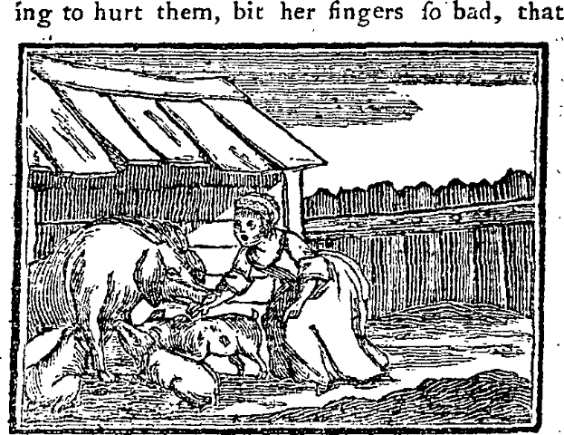 Eine Schwarz-Weiß-Zeichnung einer Frau, die neben einem Hund auf dem Boden sitzt, mit einer Hütte im Hintergrund und Text oben und unten mit der Aufschrift "Ing zu verletzen, biss ihre Finger zu böse, das".