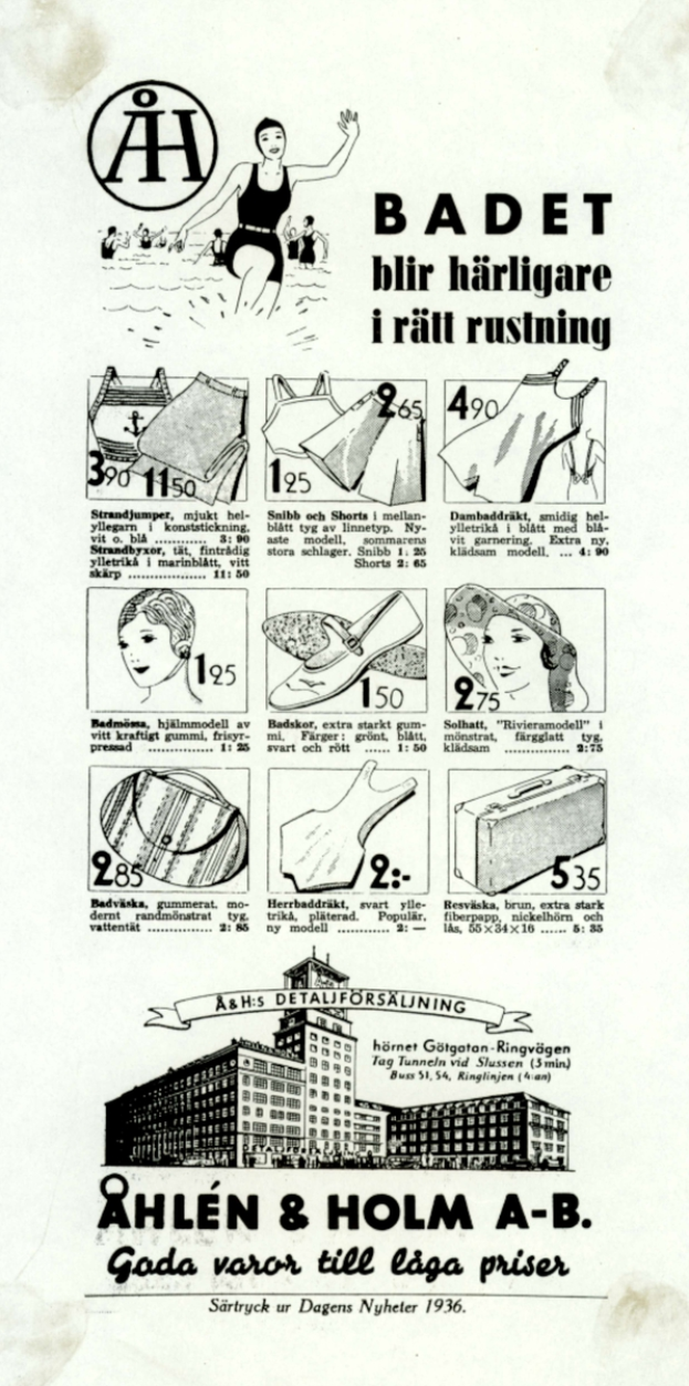 Eine Frau mit einem Pferdeschwanz, die ein weißes Bikini mit blauen und weißen Streifen trägt, schaut direkt in die Kamera, umgeben von Bildern von hohen modernen Gebäuden und fettem Text.