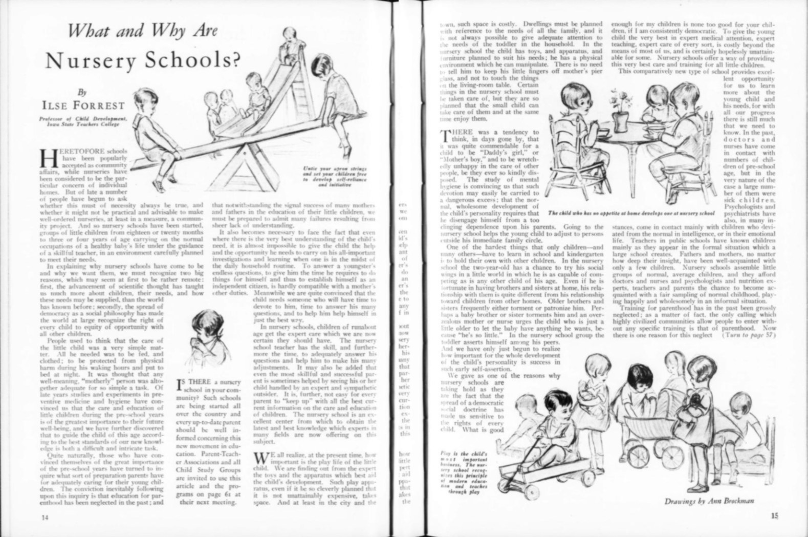 Offenes Buch mit Illustrationen von Kindern, die in einer Kita spielen, Text und einer Tabelle.