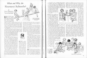 Offenes Buch mit Illustrationen von Kindern, die in einer Kita spielen, Text und einer Tabelle.