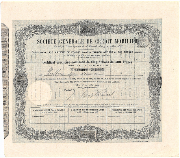 Altes Aktienzertifikat ausgestellt von der Société Générale de Crédit Mobilier mit gedrucktem Text auf Papier.
