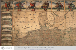 Ein detaillierter Deutschland-Karte mit einer Gruppe von Menschen in traditioneller Kleidung auf Pferden im Hintergrund und Text unten.