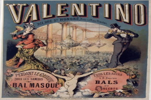 Ein Plakat für eine Valentinstags-Party in Paris, das einen Mann mit Zylinder und eine Frau in einem langen Kleid zeigt, mit Texten, die das Ereignis beschreiben.