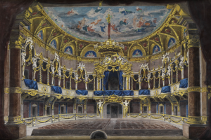 Ein Bild, das das Innere eines prunkvollen Theaters mit detaillierten Deckenentwüfungen, geschnitzten Säulen, Geländern, Vorhängen und einem Teppichboden zeigt, gekrönt von einem weiteren Bild.