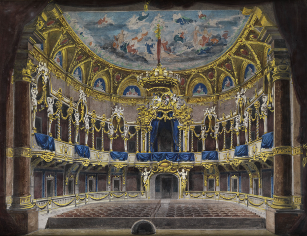 Ein Bild, das das Innere eines prunkvollen Theaters mit detaillierten Deckenentwüfungen, geschnitzten Säulen, Geländern, Vorhängen und einem Teppichboden zeigt, gekrönt von einem weiteren Bild.