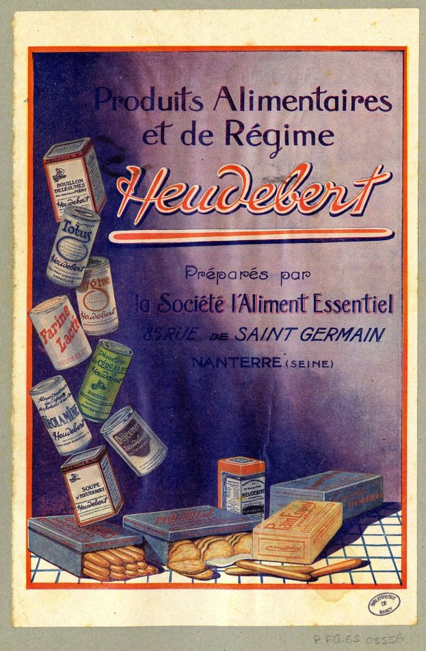 Plakat mit der Aufschrift "Heidelberg - Produkte für Ernährung und Diät Heidelberg" mit verschiedenen Lebensmitteln, Schachteln und Gegenständen.
