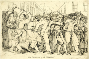 Eine Zeichnung einer Gruppe von betroffenen Menschen und einem Hund, mit dem Text "Die Freiheit des Subjekts" unten.