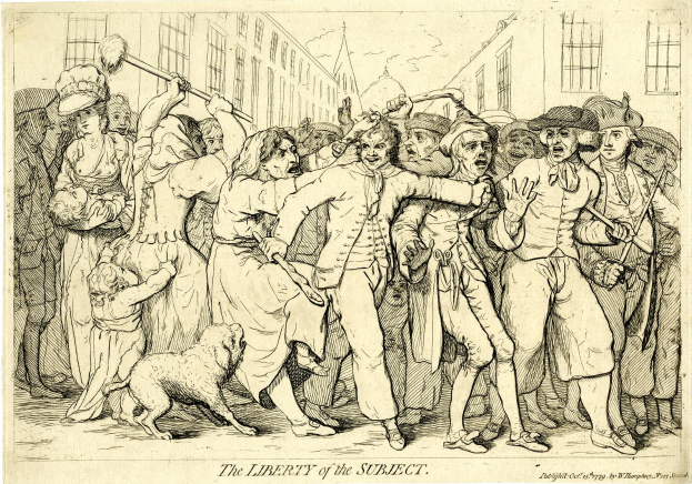 Eine Zeichnung einer Gruppe von betroffenen Menschen und einem Hund, mit dem Text "Die Freiheit des Subjekts" unten.