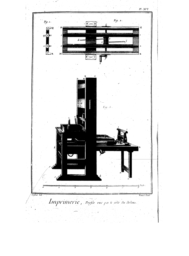 Eine Schwarz-Weiß-Zeichnung eines Raumes mit einem Tisch und einem Stuhl, mit dem Text "Druckmaschinenpatent" unten.