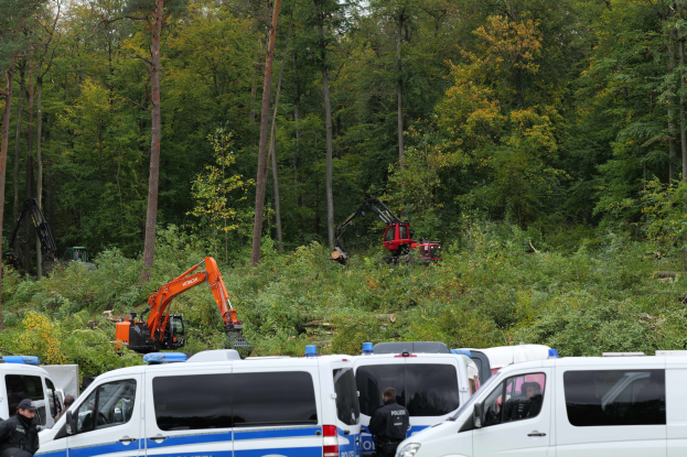 Eine Gruppe von Polizeiwagen in einem waldigen Gebiet geparkt, mit Officers in M√∞tzen und Jacken in der Nähe, einem Bagger im Hintergrund und sichtbaren Bäumen unter einem klaren Himmel.