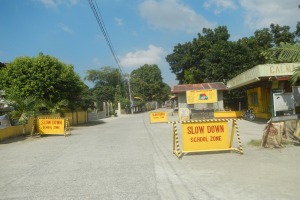 Eine Stra├če mit einem gelben "Slow Down School Zone"-Schild, parkende Fahrzeuge auf der rechten Seite und B├Ąume, Geb├Ąude, Masten, Dr├Ąhte und Himmel im Hintergrund.