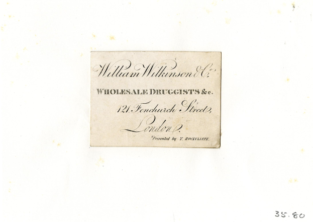 Alte Visitenkarte für William Wilkinson & Co, wirbt als Großhändler für Drogeriewaren.