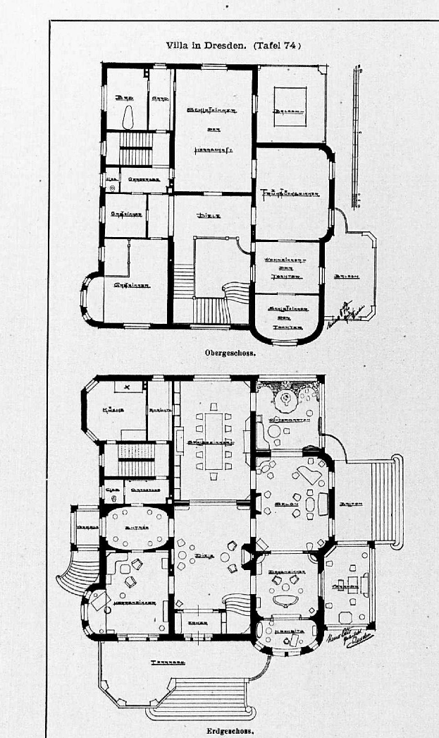 Ein Schwarz-Weiß-Bodenplan eines Hauses mit mehreren Zimmern, das mit Details über die Zimmeranzahl und -größen beschriftet ist und als die Villa in Dresden, Deutschland, identifiziert wird.