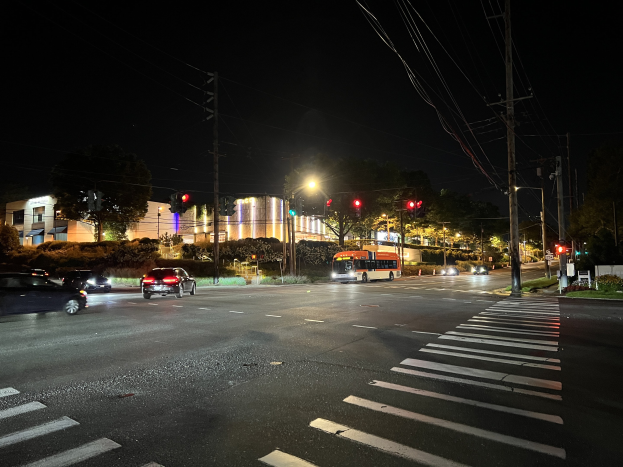 Eine nächtliche Stadtstraße mit fahrenden Autos, einem Bus, Straßenlaternen, Ampeln, Strommasten mit Kabeln, Bäumen, Pflanzen, Gras und Gebäuden im Hintergrund vor einem dunklen Himmel.