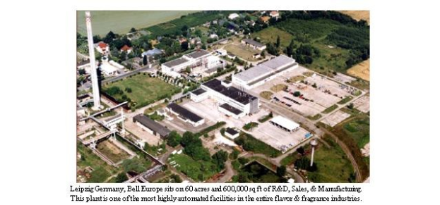 Luftaufnahme eines großen Industriegebiets in Leipzig, Deutschland, mit dem Schild "Bell Europe", das Gebäude, Bäume, Straßen und Strommasten zeigt.