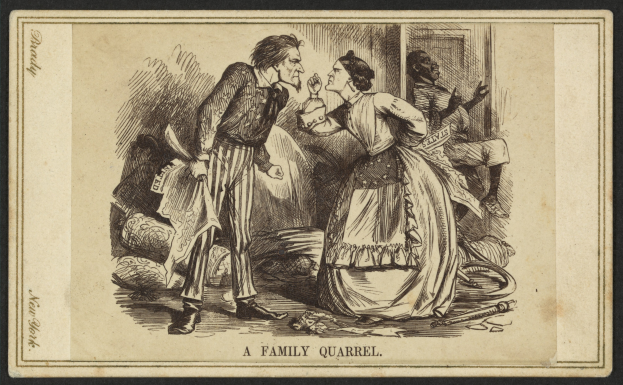 Ein Familienstreit dargestellt mit einem Mann, der ein Objekt hält und einer Frau, die neben ihm steht, mit dem Text "ein Familienstreit" unten.