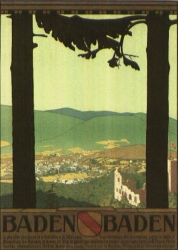 Ein Vogel sitzt auf einem Ast mit Gebäuden und Hügeln im Hintergrund, unter einem klaren blauen Himmel, mit Text, der für Baden-Württemberg, Deutschland wirbt.