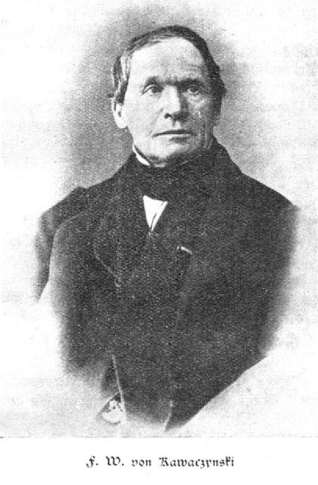 Ein Schwarz-Weiß-Foto eines Mannes im Anzug, identifiziert als F. W. von Kawaczynski, der Gründer der jüdischen Gemeinde, mit Text unten für weitere Informationen.