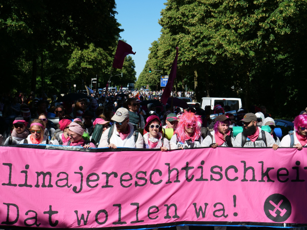Eine Gruppe von Menschen marschiert auf einer Straße, hält ein pinkes Banner mit der Aufschrift "Women's March in Berlin", wobei einige eine Mütze und eine Schutzbrille tragen, andere Fahnen halten, vor einem Hintergrund aus Bäumen, Fahrzeugen und Himmel.