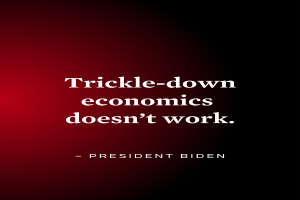 Ein Plakat mit fetter, schwarzer Schrift auf einem weißen Hintergrund, das "Trickle-Down Economics Doesn't Work" lautet, eingerahmt von einem dünnen schwarzen Rand, mit einem Zitat von Präsident Biden.