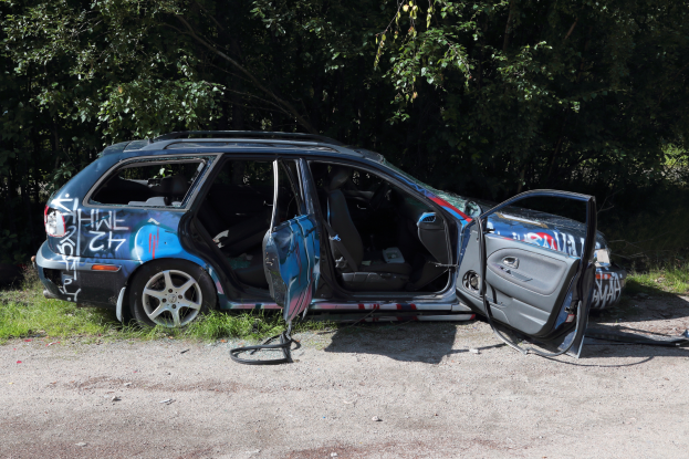 Ein verunglücktes Auto am Straßenrand, umgeben von Gras und Bäumen.