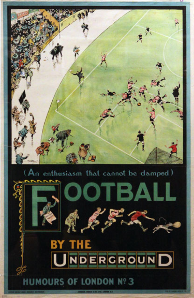 Ein Vintage-Plakat, das ein Fußballspiel ankündigt und den Titel 'Fußball by the Underground - Humours of London No. 3' trägt, zeigt eine Zuschauermenge in einem Stadion.