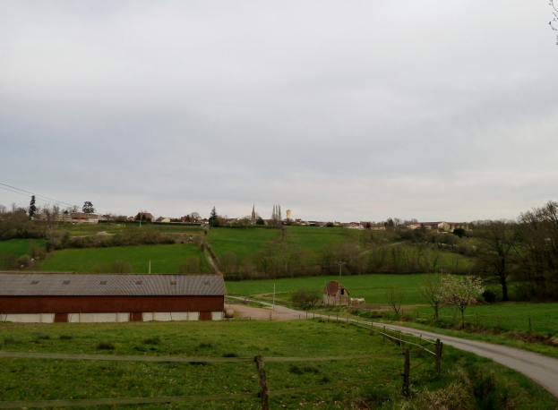 Ein Bauernhof mit einer Schotterstraße, die durch ein grünes Feld verläuft, umgeben von einem Holzzaun, mit Bäumen, Häusern, Pfählen, Drähten und einem klaren blauen Himmel im Hintergrund.
