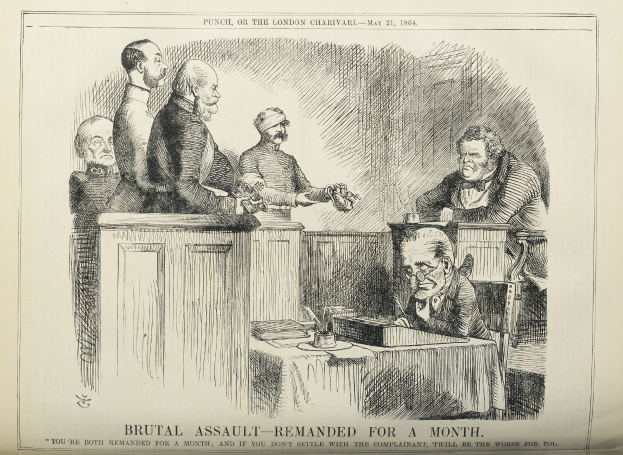 Eine Zeichnung von einer Gruppe von Menschen, die um einen Tisch sitzen, mit Büchern und Gegenständen und Text unten, der "brutale Attacke - vorläufig festgenommen" lautet.