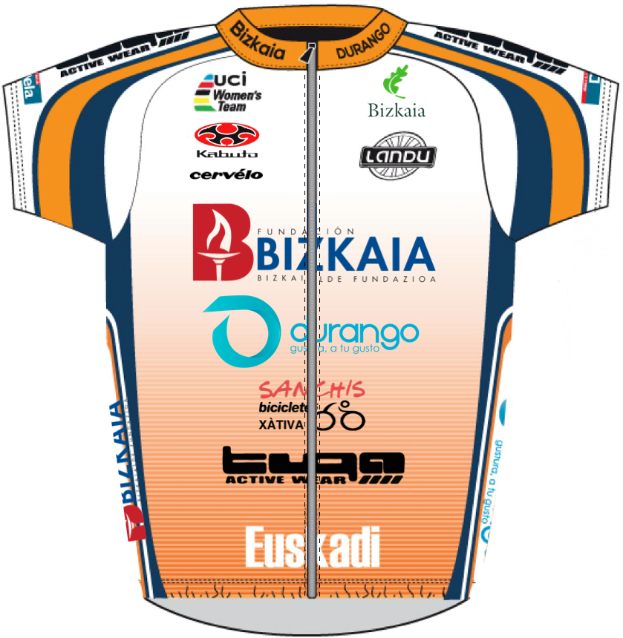 Ein weißes und oranges animiertes Radfahrertrikot mit einem prominenten Logo auf der Brust.