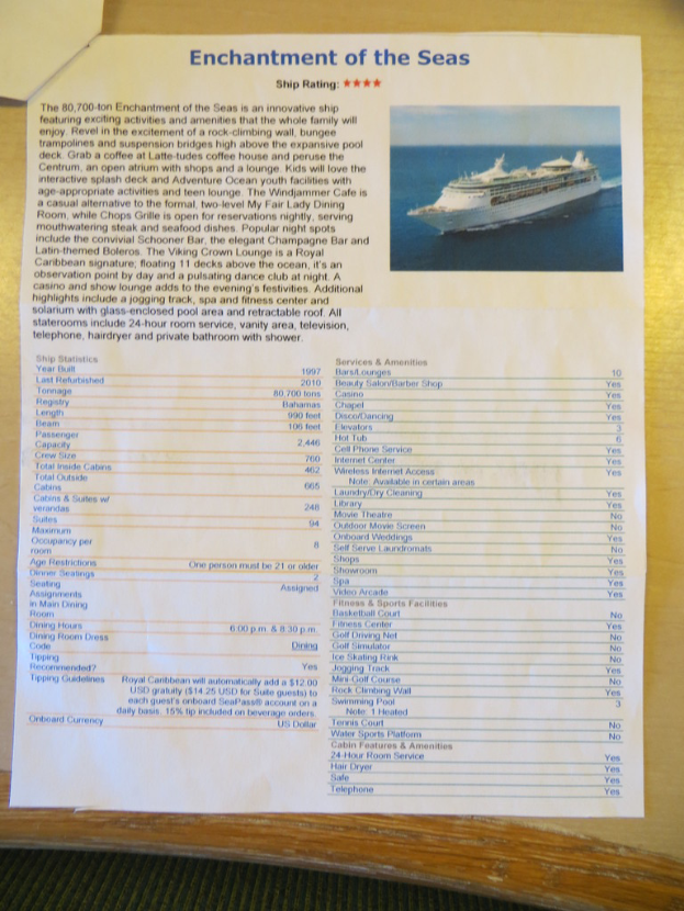 Ein Informationsheft mit Namen, Zahlen und einem Bild eines Schiffs auf dem Meer, mit der Überschrift "Enchantment of the Seas" oben.