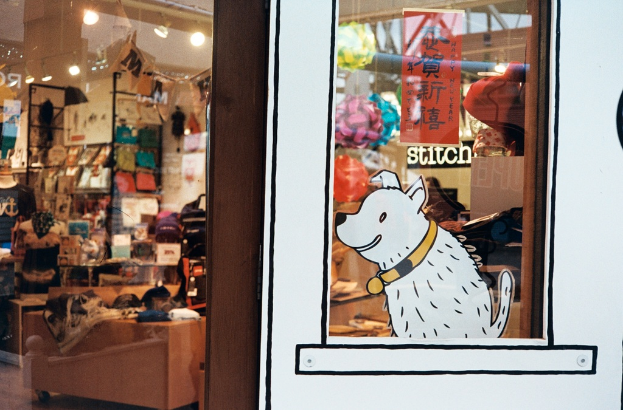 Eine Abbildung eines Hundes mit Text auf der rechten Seite und auf der linken Seite ein Raum mit Lampen, Flaggen, Regalen, Sofas, Kleidung, Deko, Menschen, Stühlen und diversen anderen Gegenständen.