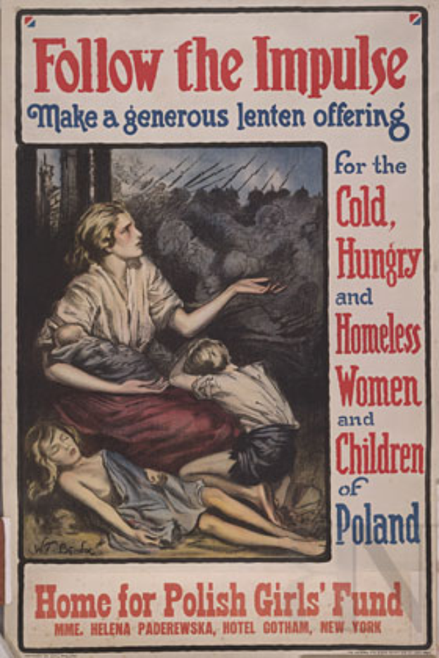 Ein Plakat mit einer Frau in einem weißen Kleid mit ausgestreckten Armen und zwei Kindern auf dem Boden, mit der Aufschrift "Folgt dem Impuls - Spendet großzügig für die Kälte, Hunger und Obdachlosen Frauen und Kinder Polens."