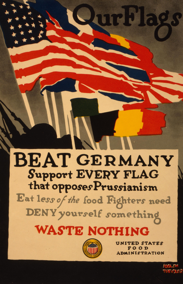 Ein Plakat mit einer roten, weißen und blauen Flagge mit einem weißen Stern, begleitet von fettem schwarzem Text, der 'Unsere Flaggen schlagen Deutschland - Unterstützt jede Flagge, die gegen Preußentum kämpft' lautet, umgeben von einem weißen Rand.