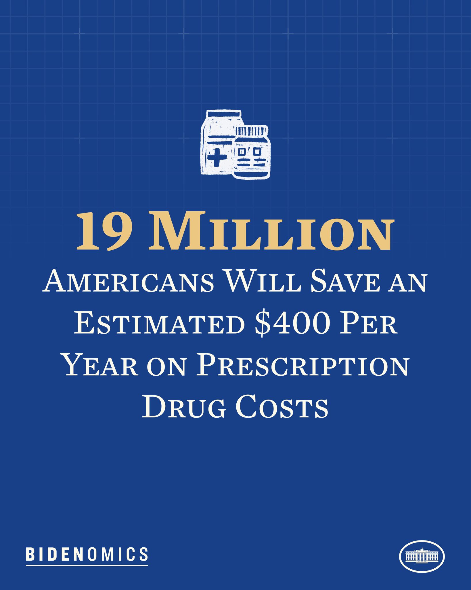 Ein blauer Hintergrund mit weißer Schrift und einem Logo, auf dem steht: "19 Millionen Amerikaner werden geschätzte 400 USD pro Jahr an Arzneikosten sparen."