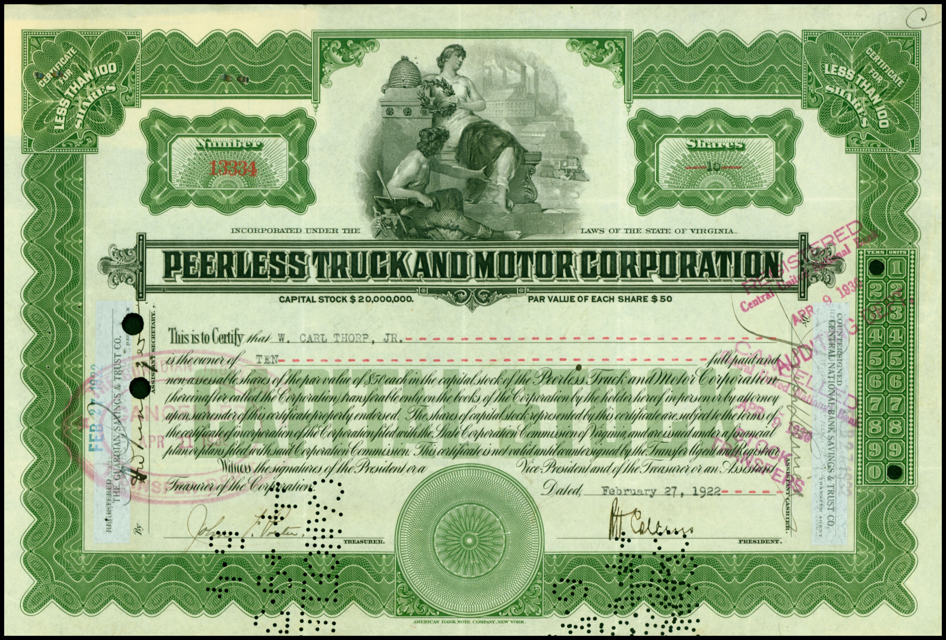 Schwarzes Aktienzertifikat für Peerless Truck & Motor Corporation mit zwei Personen und Text.