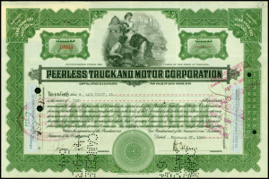 Schwarzes Aktienzertifikat für Peerless Truck & Motor Corporation mit zwei Personen und Text.