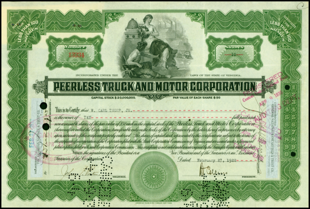 Schwarzes Aktienzertifikat für Peerless Truck & Motor Corporation mit zwei Personen und Text.