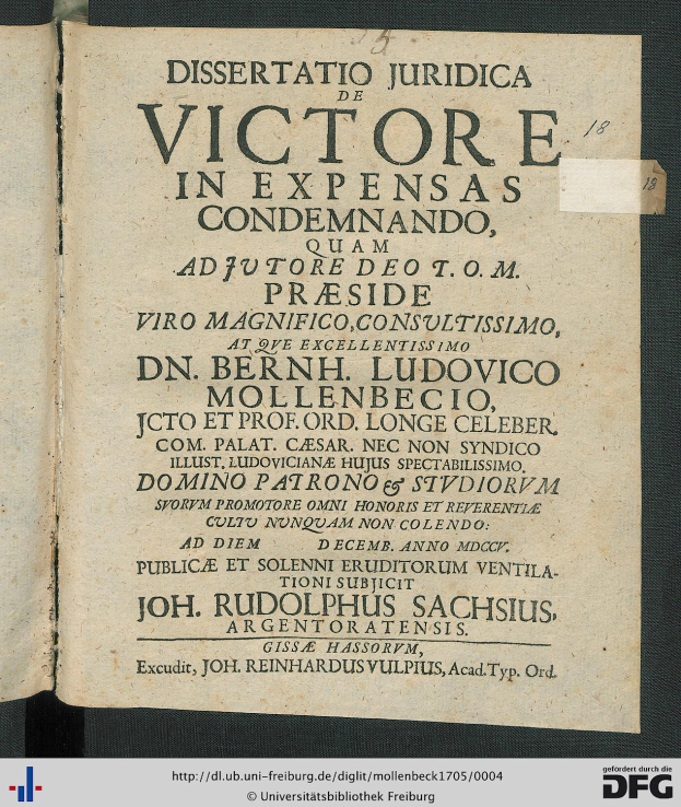 Ein aufgeschlagenes Buch mit dem Titel "Dissertation Juridica de Victore in Expensas Condemando", das Texte zu Gerichtsdokumenten enthält.