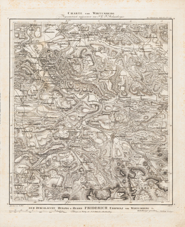Ein alter Stadtplan der Stadt Württemberg, Deutschland, mit schwarzem Rand, der detaillierte Straßen, Gebäude und andere Merkmale zeigt, auf Papier gedruckt mit begleitendem Text.