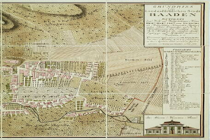 Ein detaillierter alter Stadtplan von Baden-Württemberg, Deutschland, der Straßen, Gebäude und Sehenswürdigkeiten zeigt, mit Text, der zusätzliche Stadtinformationen und ein Gebäude im rechten unteren Eck enthält.