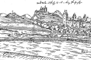 Eine Schwarz-Weiß-Zeichnung einer Burg auf einem Hügel, umgeben von Häusern, Bäumen und Wasser, mit dem Text 'Bayern, Deutschland' oben.