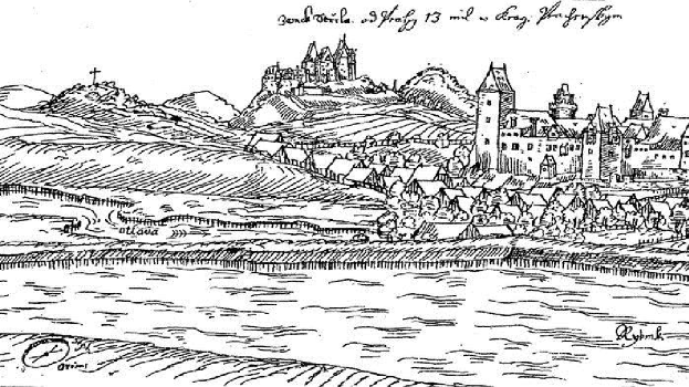 Eine Schwarz-Weiß-Zeichnung einer Burg auf einem Hügel, umgeben von Häusern, Bäumen und Wasser, mit dem Text 'Bayern, Deutschland' oben.