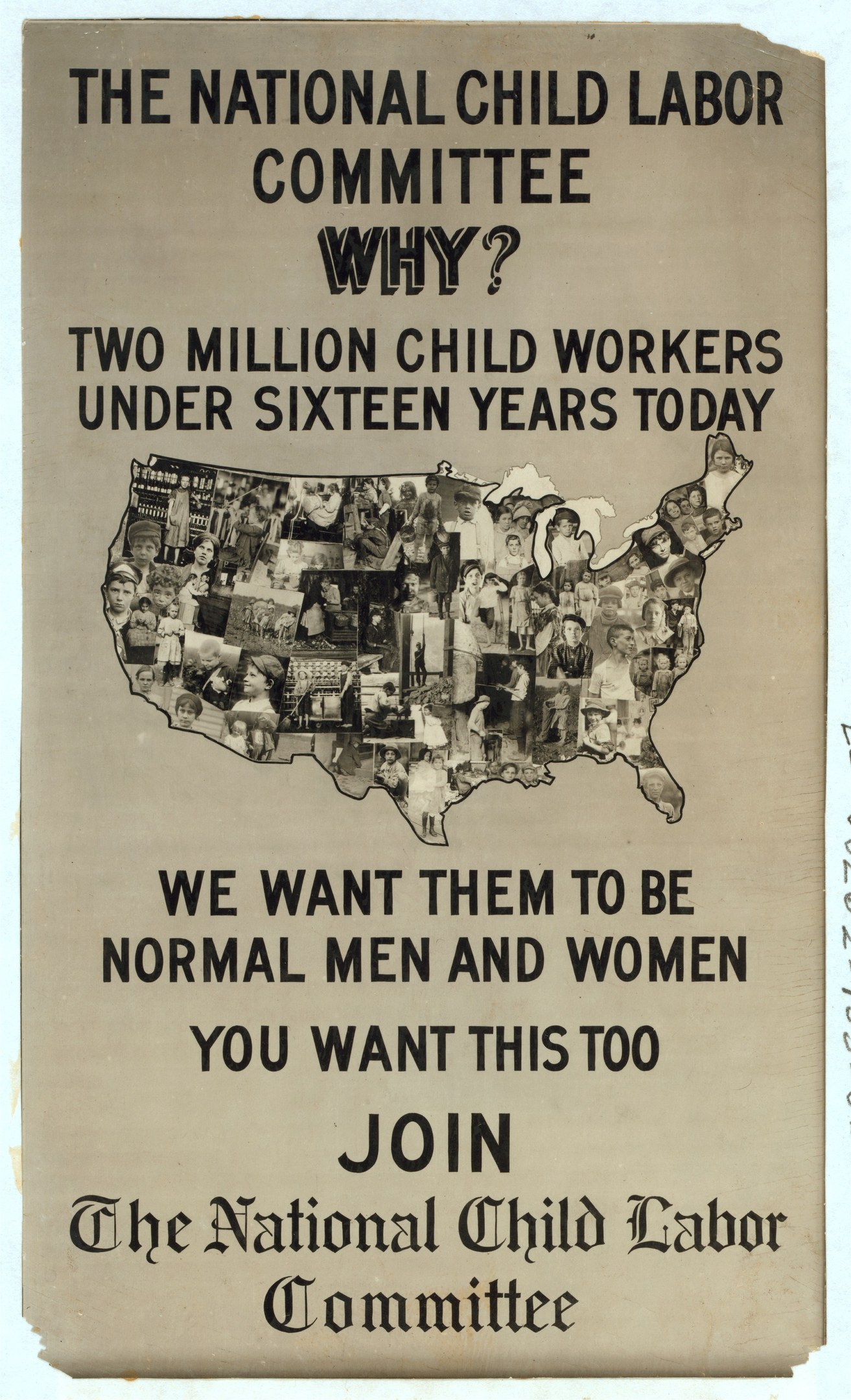 Plakat mit der Aufschrift "Nationaler Ausschuss für Kinderarbeit: Warum? Zweieinhalb Millionen Kinderarbeiter unter sechzehn Jahren heute" mit einer USA-Karte und mehreren illustrierten Gesichtern, die Ausschussmitglieder darstellen.