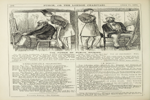 Eine Schwarz-Weiß-Illustration einer alten Buchseite mit einem gesitteten Mann in einem Stuhl und einer stehenden Frau, die wegschaut, begleitet von der Überschrift "Die Macht der öffentlichen Meinung."