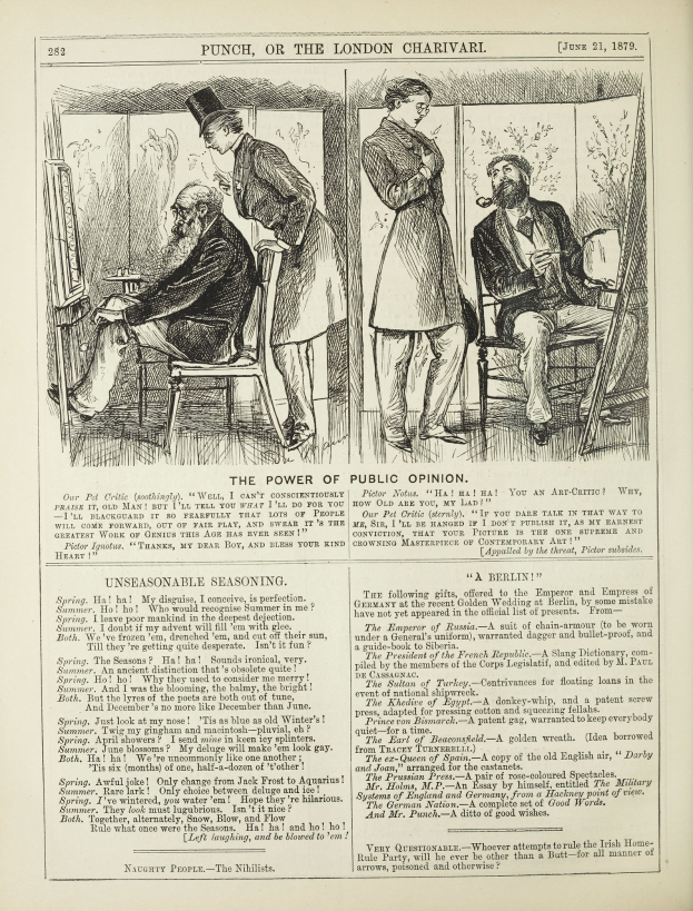 Eine Schwarz-Weiß-Illustration einer alten Buchseite mit einem gesitteten Mann in einem Stuhl und einer stehenden Frau, die wegschaut, begleitet von der Überschrift "Die Macht der öffentlichen Meinung."